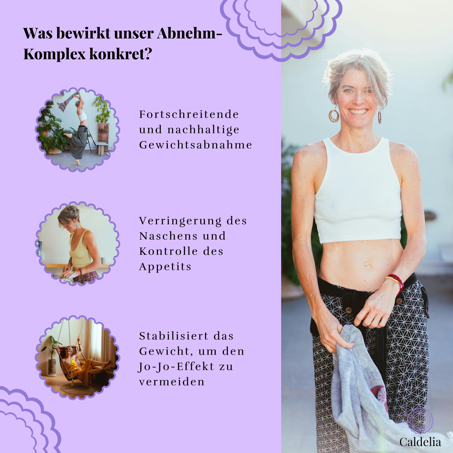 Frau, die neben der Liste der emotionalen Vorteile des Abnehmen-Komplexes lächelt.