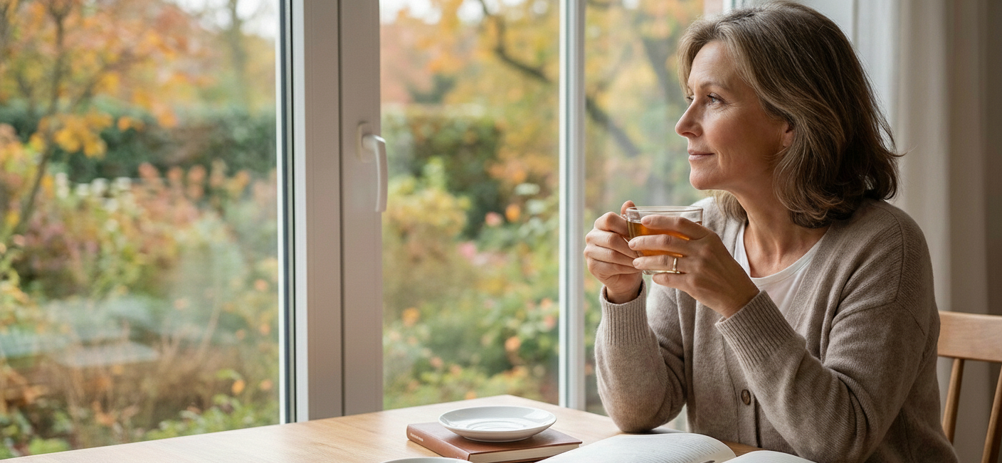Frau in den Wechseljahren trinkt beruhigenden Kräutertee am Fenster für Wohlbefinden