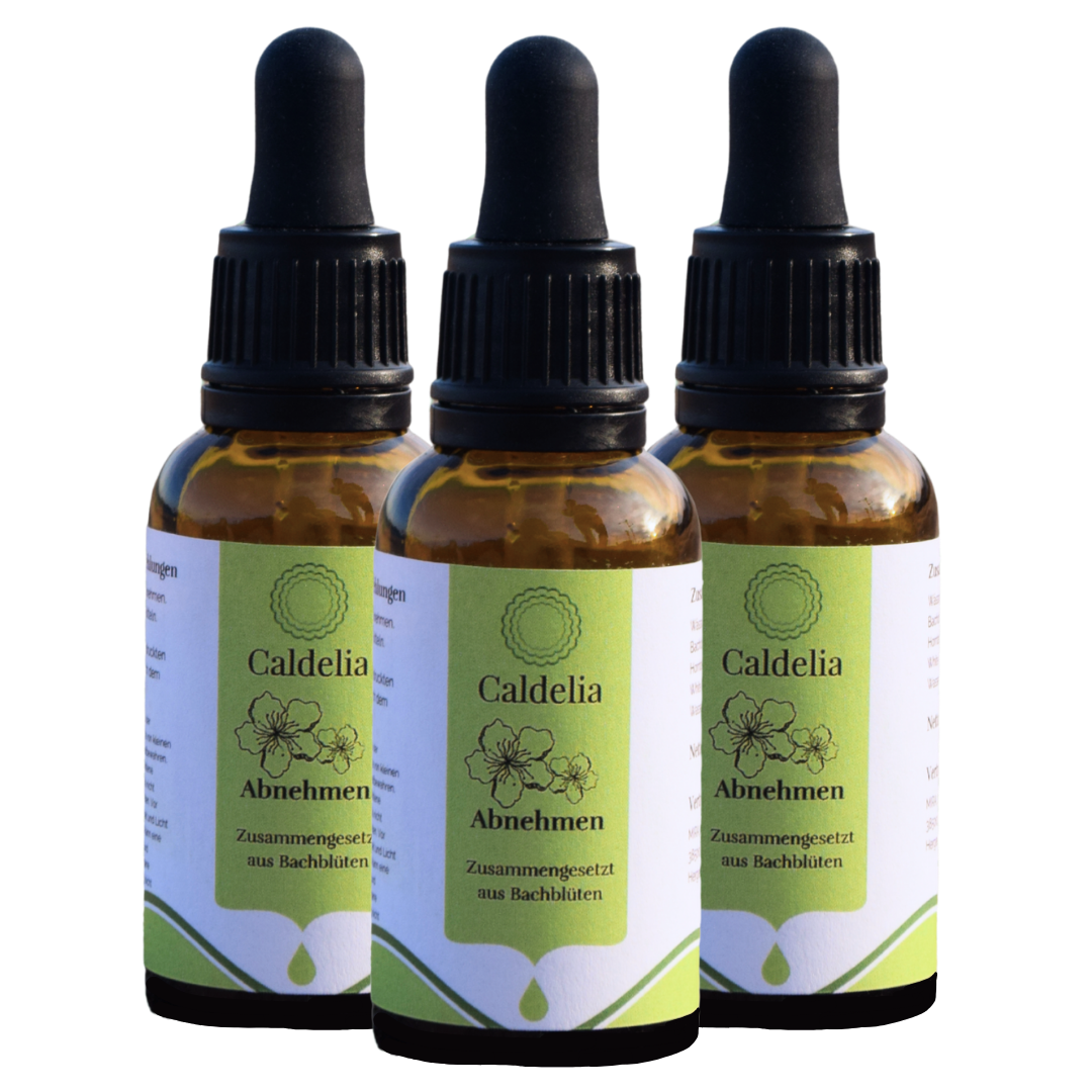 Caldelia Bachblüten-Komplex zur natürlichen und nachhaltigen Gewichtsabnahme – Produktabbildung mit beruhigendem Design