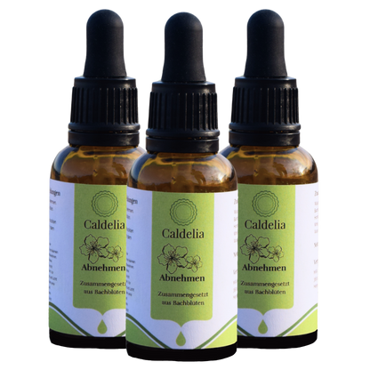 Caldelia Bachblüten-Komplex zur natürlichen und nachhaltigen Gewichtsabnahme – Produktabbildung mit beruhigendem Design