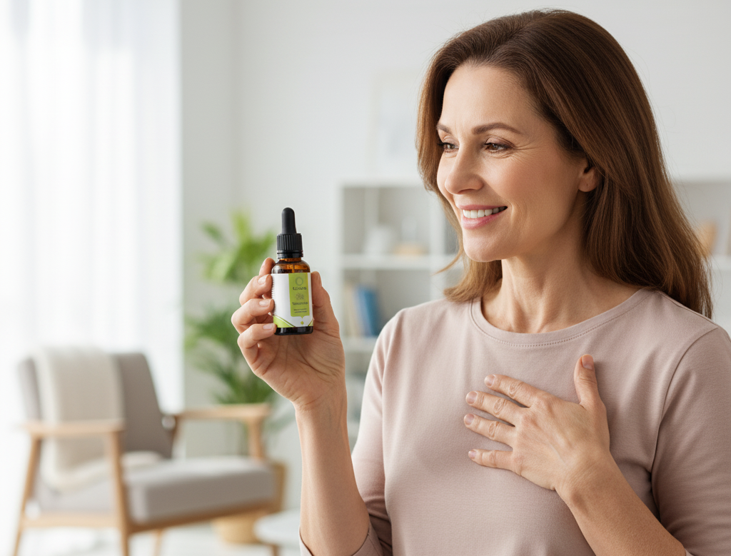 Frau mit Pipettenflasche – natürliche Bachblüten-Mischung von Caldelia für emotionales Gleichgewicht in den Wechseljahren, hormonfrei.