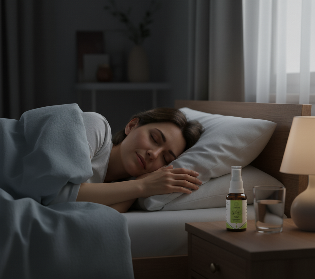 Frau 50 plus schlaft tief mit Caldelia Bachbluten Schlafspray pflanzlich auf Nachttisch gegen Durchschlafstorungen und Einschlafprobleme Wechseljahre