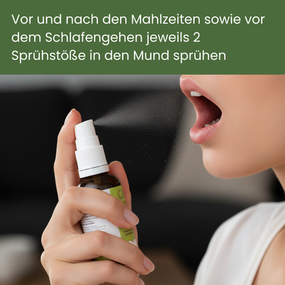 Frau benutzt Caldelia Bachbluten Mundspray vor dem Schlafengehen gegen Schlafprobleme
