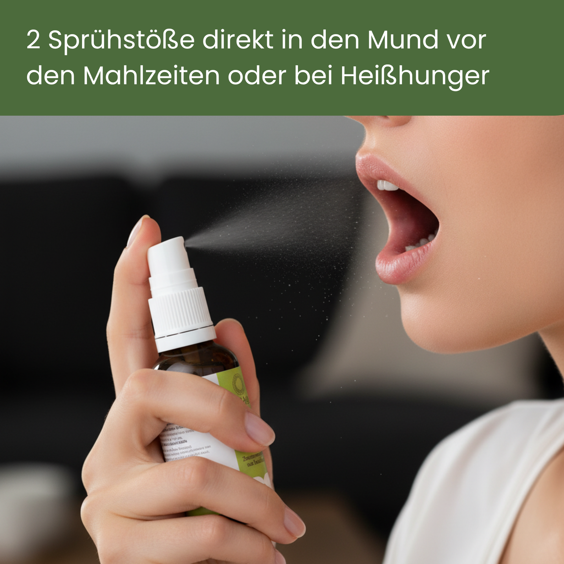 Frau benutzt Caldelia Bachbluten Mundspray gegen Heisshunger vor dem Essen
