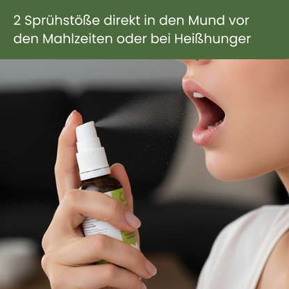 Frau benutzt Caldelia Bachbluten Mundspray gegen Heisshunger vor dem Essen
