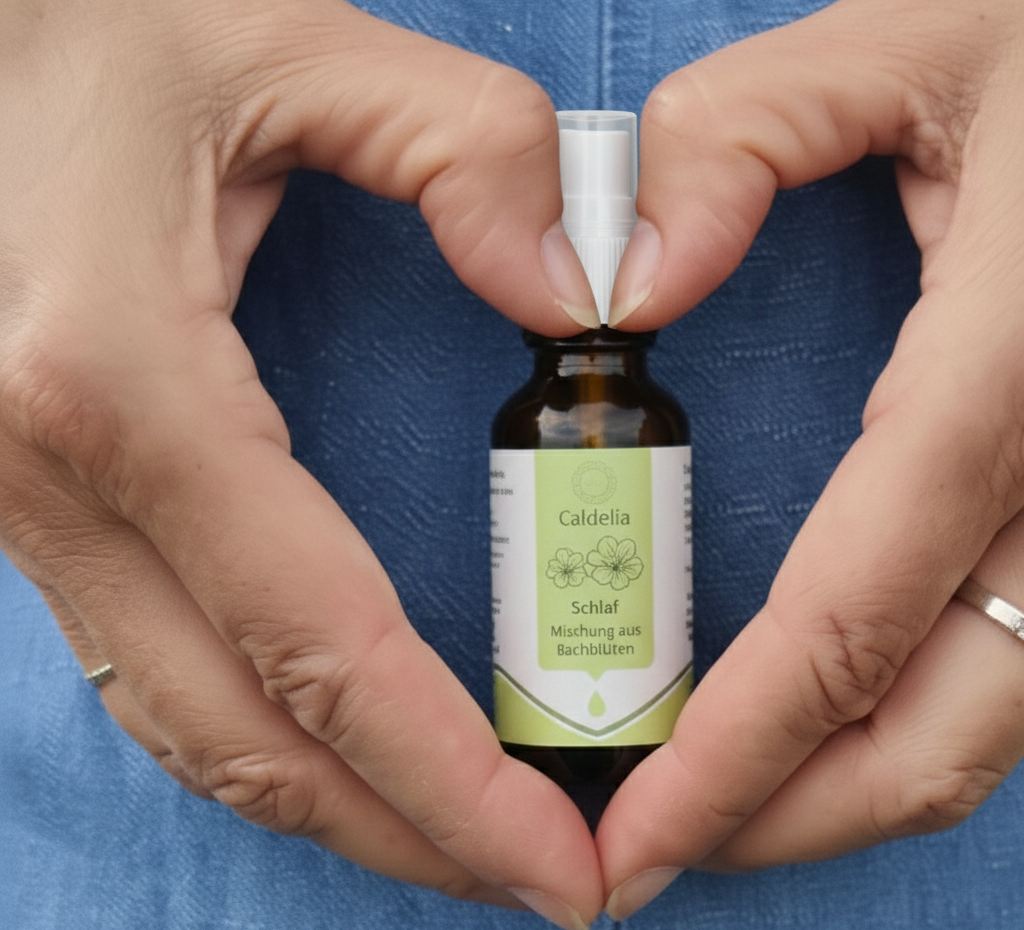 Frau haelt Caldelia Schlaf Bachbluten Tropfen mit Pipette in Haenden gegen Einschlafprobleme
