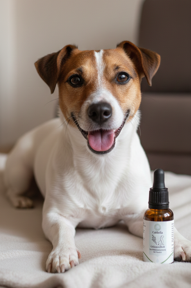 Frohlicher Jack Russell Terrier liegt entspannt mit Caldelia Bachbluten Tropfen fur Hunde gegen Angst und Nervositat