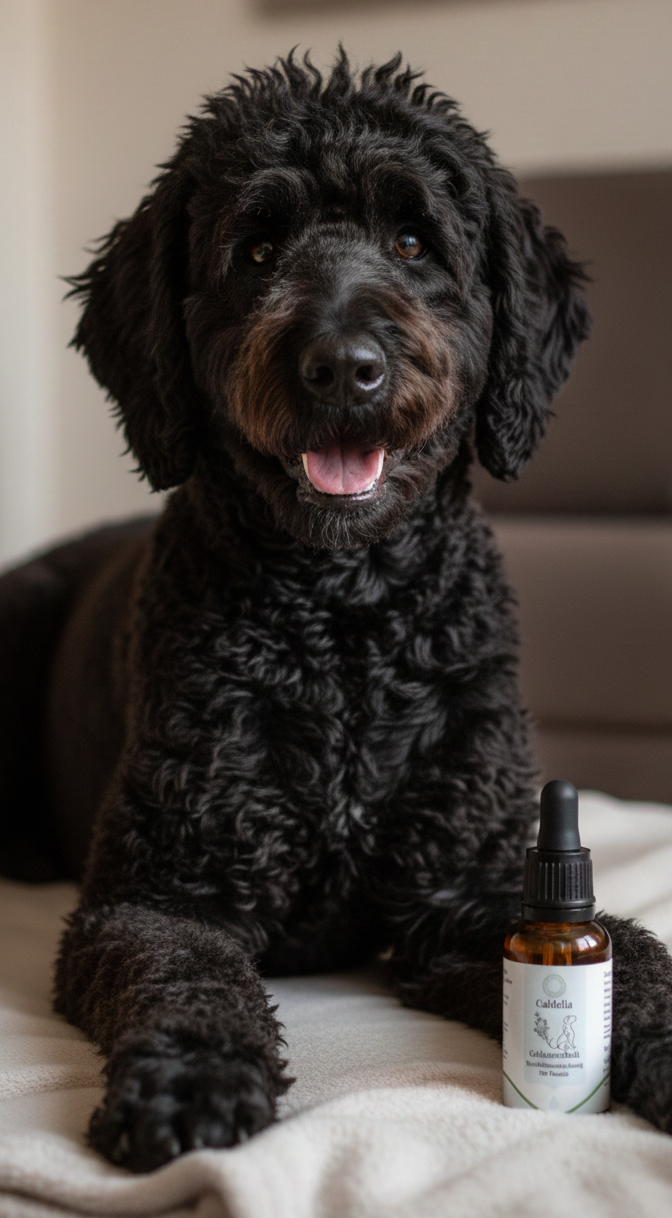 Glucklicher schwarzer Hund sitzt entspannt neben Caldelia Bachbluten Tropfen fur Tiere gegen Stress, Angst und Verhaltensauffalligkeiten