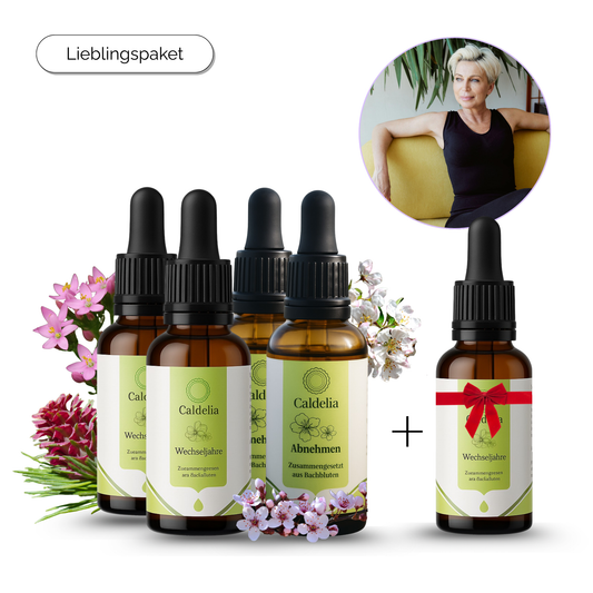 Caldelia Lieblingspaket mit funf Bachbluten Essenzen fur Wechseljahre und Abnehmen: vier grosse Flaschen Wechseljahre Tropfen plus eine kleine Flasche mit roter Geschenkschleife, naturliche Losung fur Frauen uber 50 gegen Hitzewallungen, Gewichtszunahme und Stimmungsschwankungen in der Menopause