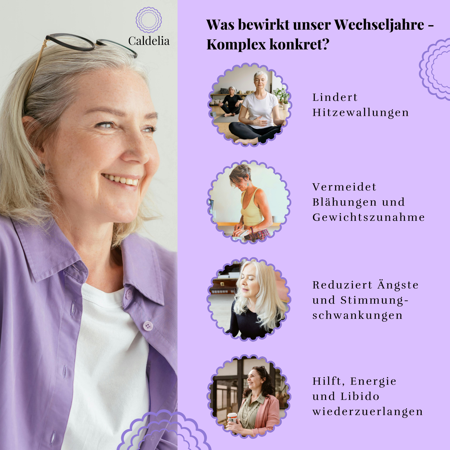 Frau, die neben der Liste der emotionalen Vorteile des Wechseljahre-Komplexes lächelt.