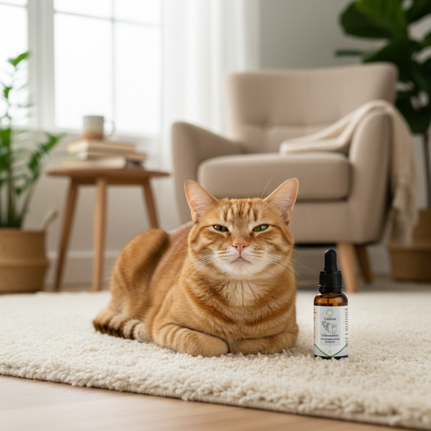 Gelassene rote Katze entspannt liegend mit Caldelia Bachblüten Mischung für Katzen natürliche Hilfe bei Stress und Unruhe