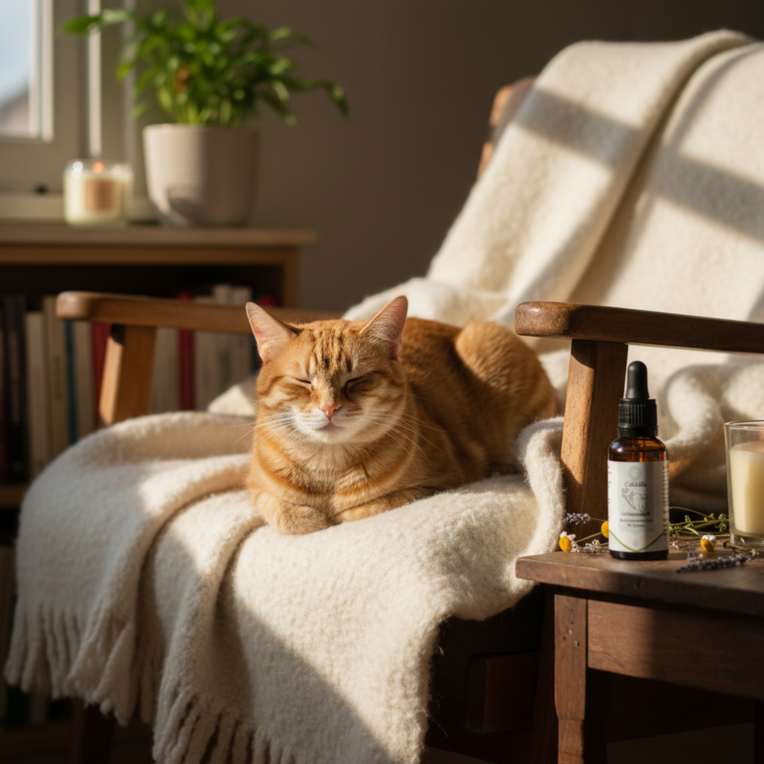 Entspannte rote Katze auf gemütlichem Stuhl mit Caldelia Bachblüten Tropfen für natürliche Gelassenheit und emotionales Gleichgewicht bei Katzen