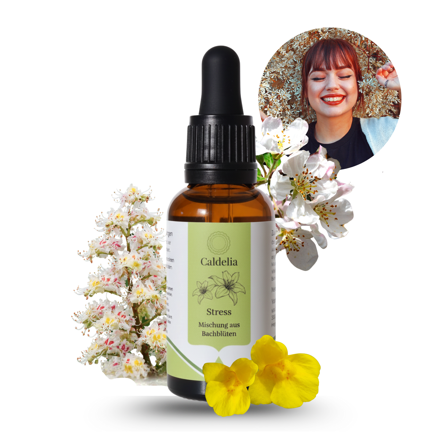 Flasche Caldelia Bachblüten Stress Mischung mit Pipette, umgeben von Blüten und einer lächelnden Frau im Hintergrund