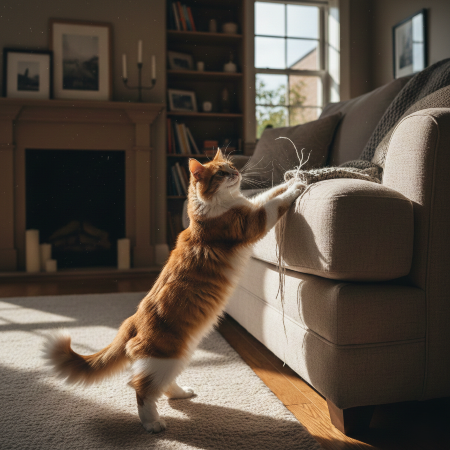 Katze kratzt am Sofa durch Stress und Angst - Bachblüten Caldelia helfen bei Verhaltensstörungen wie übermäßigem Kratzen, Harnmarkierung und Aggressivität